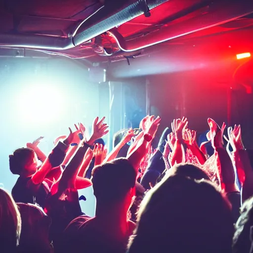 Image similar to 6 people sitting in circle, a fire in the middle in the floor of a small stage of a band, drummer is there behind them. red neon lights good mood, nice ambience singing