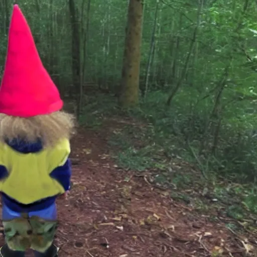 Image similar to bad quality screenshot of a leaked video of a small person dressed as gnome looking at me at a forest trail, photo taken from far away, night time, bright camera flash, camera shaking, disturbing, very scary, realistic, very disturbing, help me please im disturbed, ultrarealistic, 480p, scary