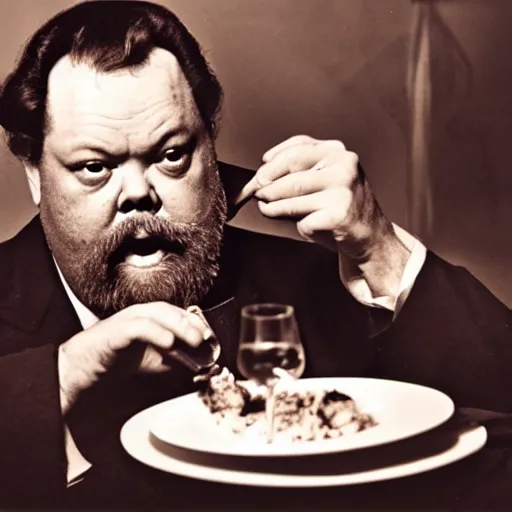 Prompt: orson welles eating. award winning photography