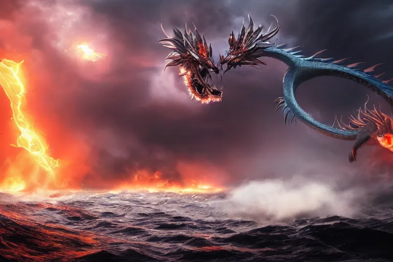 Prompt: fire dragon with lightnings and smoke is fighting against giant water monster with huge waves, CGsociety, full length, exquisite detail, post-processing, masterpiece, volumetric lighting, cinematic, hypermaximalistic, high details, cinematic, 8k resolution, beautiful detailed, insanely intricate details, sharp edges, smooth focus, low angle, tilted