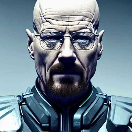 Image similar to Walter White in cybernetic battle armour, 4k octane render, highly detailed, concept art, trending on artstation