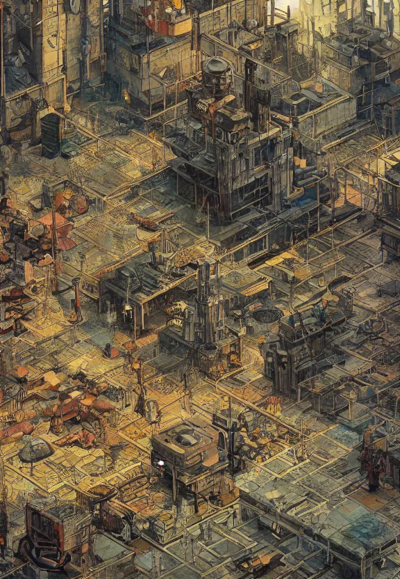 Image similar to [Underground colony with checkered flags, rust and brutalist buildings and little mushrooms. Propaganda poster, intricate, elegant, highly detailed, digital painting, artstation, concept art, matte, sharp focus, illustration, art by Enki Bilal and Moebius]