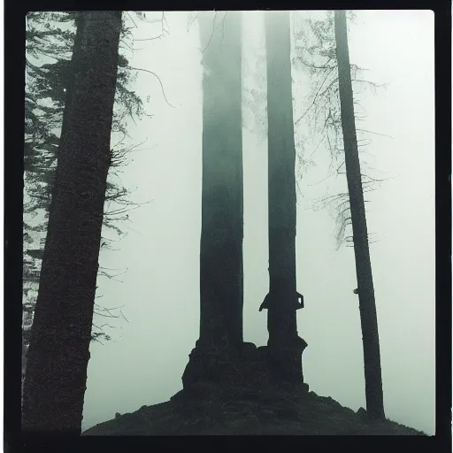 Image similar to a towering statue in a forest clearing reaching into the fog, night, old polaroid, expired film, megalophobia,