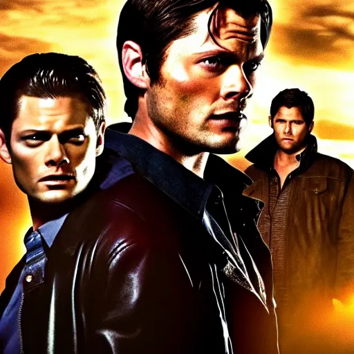 Prompt: sam winchester, dean winchester and castiel from supernatural in an epic pose with epic lighting