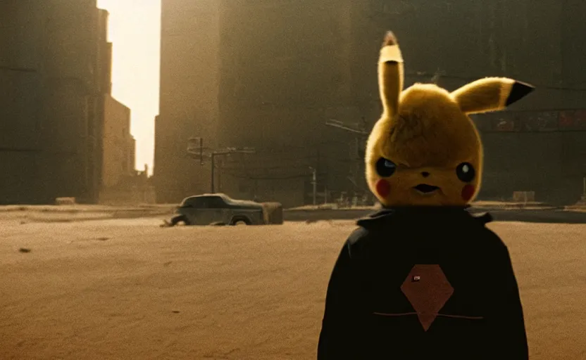 Image similar to cinestill 5 0 d candid photographic portrait by helen levitt of pikachu wearing black rugged techwear on a desolate plain, extreme closeup, modern cyberpunk moody emotional cinematic, dust storm, 8 k, hd, high resolution, 3 5 mm, f / 3 2, ultra realistic faces, detective pikachu ( 2 0 1 9 )