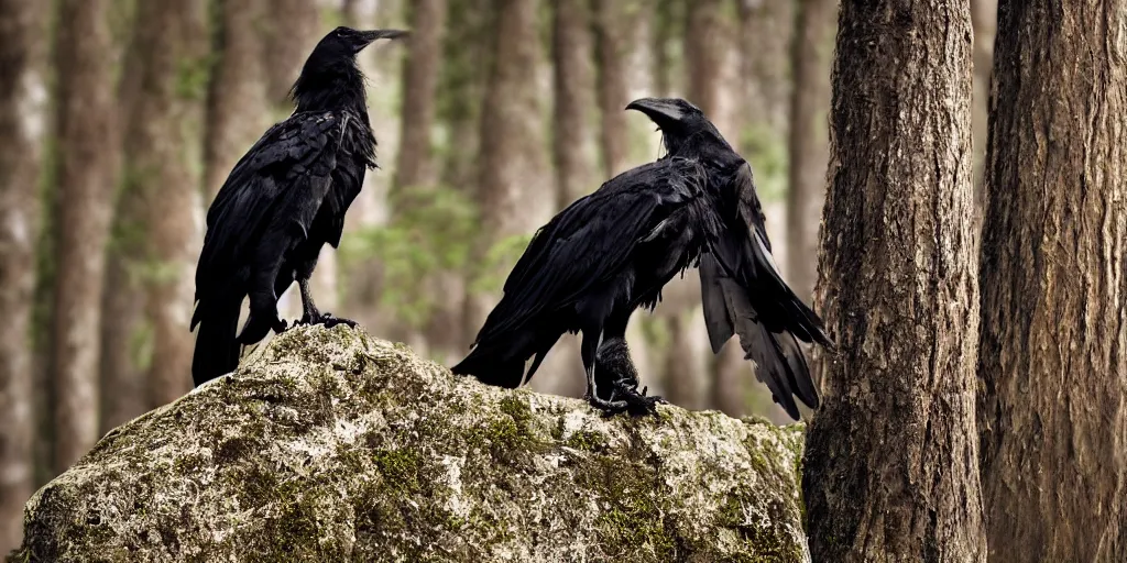 Image similar to mixture between an crow and! wolf,! single - subject, photograph captured in a dark forest