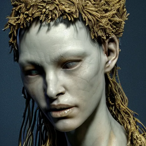 Image similar to photo taken of an epic intricate, ultra detailed, super realistic gritty, wet, lifelike sculpture of an eldritch druid queen by weta workshop, zoomed in shots, sublime subsurface scattering, photorealistic, sharp focus, white wall coloured workshop, desaturated, cold colour temperture, f 2, face centred, golden ratio, golden hour