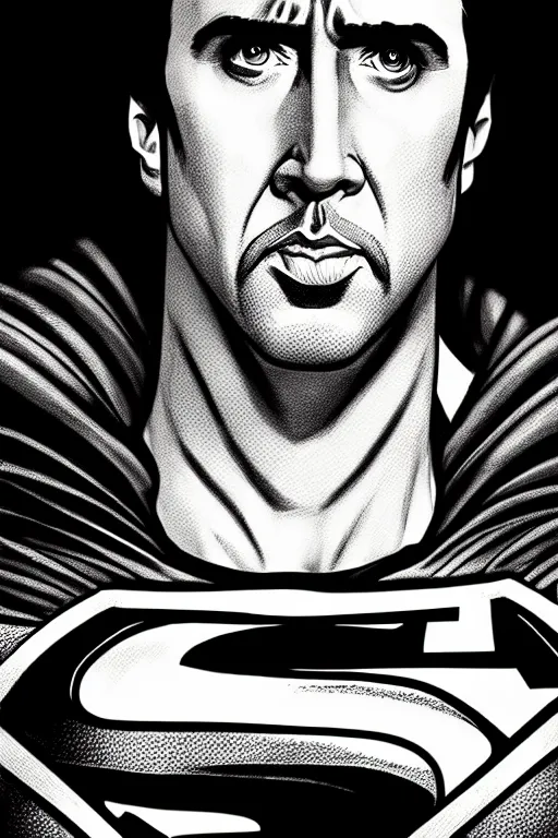 Image similar to portrait of nicolas cage as superman looking away from the camera, intricate, hyperrealistic, drawn as a manga character, artstation