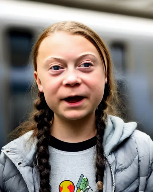 Prompt: film still close - up shot of greta thunberg with face piercings giving a speech in a crowded train station eating pizza, smiling, the sun is shining. photographic, photography