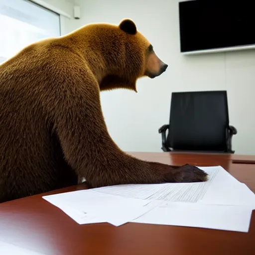 Image similar to bored bear at office, head leaning on paw with elbow on table, piles of paperwork