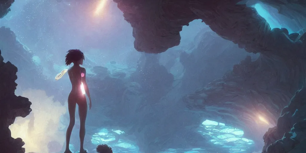 Image similar to Zoe Kravitz as an astronaut, underwater in the ocean at night, eerie atmospheric cave, volumetric lighting, glowing lights, 4k, octane, digital painting, artstation, concept art, sharp focus, illustration, art by artgerm and greg rutkowski and alphonse mucha wide angle view,