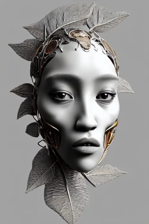 Prompt: complex 3d render ultra detailed of a beautiful porcelain profile doja cat face, biomechanical cyborg, analog, 150 mm lens, beautiful natural soft rim light, big leaves and stems, roots, fine foliage lace, silver dechroic details, massai warrior, Alexander Mcqueen high fashion haute couture, pearl earring, art nouveau fashion embroidered, steampunk, intricate details, mesh wire, mandelbrot fractal, anatomical, facial muscles, cable wires, microchip, elegant, hyper realistic, ultra detailed, octane render, H.R. Giger style, volumetric lighting, 8k post-production
