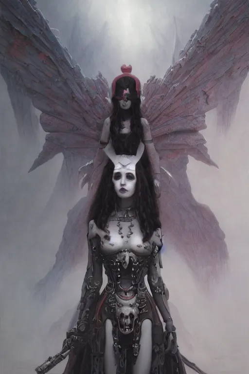 Prompt: Beautiful pale warhammer 40000 goth girl with mechanical wings, dark fantasy, digital illustration, intricate, highly detailed, smooth, artstation, painted by Wayne Barlowe and Greg Rutkowski and zdislav beksinski and Ruan Jia and Mandy Jurgens and Artgerm and william-adolphe bouguereau