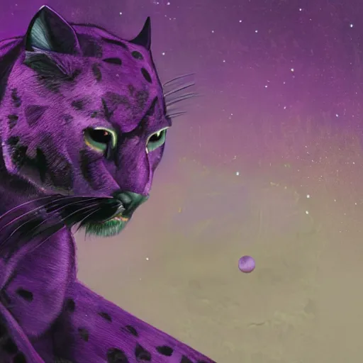 Prompt: closeup of a purple panther roaring at the moon in the forest. night. large moon in the center. z. a. c. cinematic. painting. concept art. rustic. gritty.