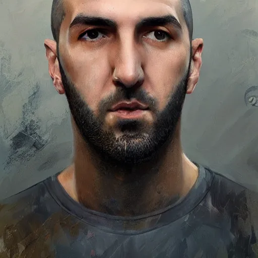 Image similar to A realistic hyperdetailed wide-shot digital oil portrait painting of an benzema in the style of Guy Denning, Ruan Jia, and Craig Mullins. Trending on ArtStation, DeviantArt, and Instagram. CGSociety Digital art. benzema.