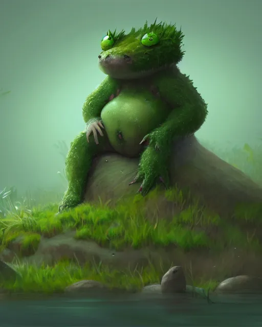 Image similar to concept art for a cute thicc moss creature, sitting in a shallow swamp, fog, full body artwork, full background | | epic - fine - clean, polished, trending on artstation, brush strokes