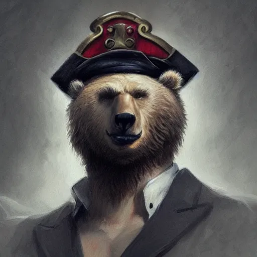 Image similar to dashing charming grinning charismatic bear beast-man rogue, wearing captain's tricorne hat, naval background, amazing, lifelike award winning pencil illustration trending on art station artgerm Greg rutkowski cinematic