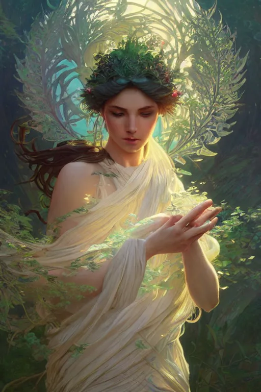 Image similar to goddess of nature, highly detailed, digital painting, artstation, concept art, smooth, sharp focus, illustration, Unreal Engine 5, 8K, art by Ross Tran and greg rutkowski and alphonse Mucha