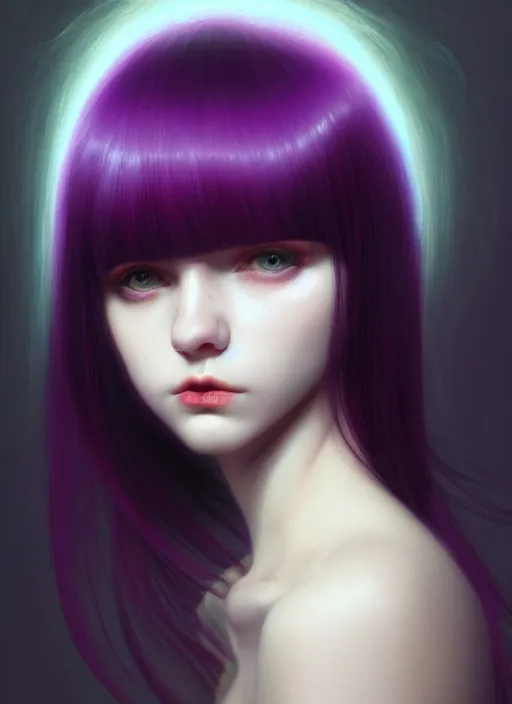 Image similar to hair whitebangs hair, black hair, whitebangs, portrait of teenage girl with white bangs, red irises, purple clothes, white bangs, bangs are different color from hair, intricate, elegant, glowing lights, highly detailed, digital painting, artstation, concept art, smooth, sharp focus, illustration, art by wlop, mars ravelo and greg rutkowski