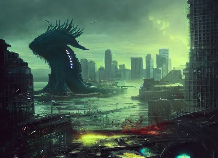 Image similar to seattle being attacked by a sea monster, by beeple and maciej kuciara and greg rutkowski