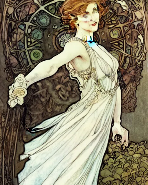 Image similar to in the style of artgerm, arthur rackham, alphonse mucha, evan rachel wood, flowing white dress