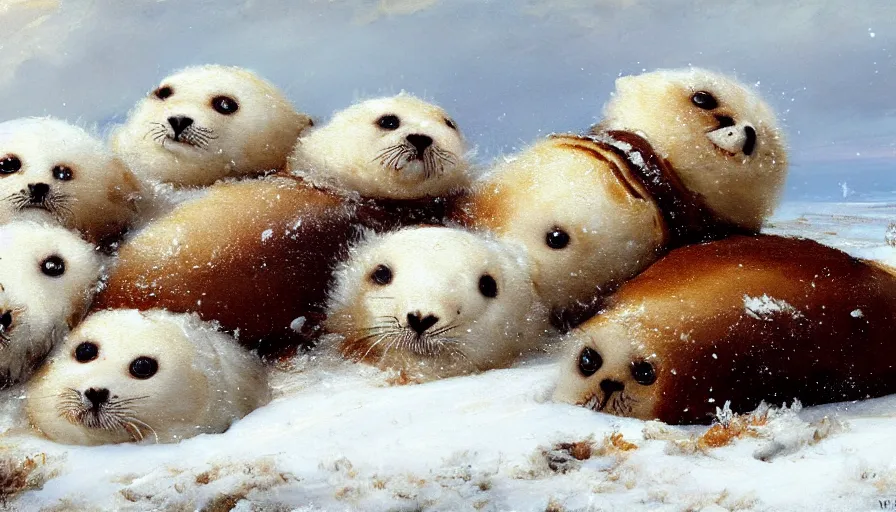 Prompt: highly detailed closeup painting of cute furry white baby seals in a pile of jam pancakes in the snow by william turner, by greg rutkowski, by william constable, thick brush strokes and visible paint layers, 4 k resolution