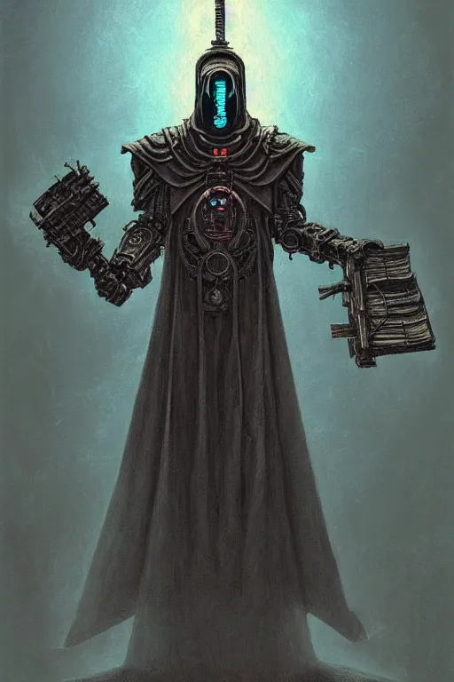 Image similar to painting of a cloaked tech priest holding a book, Adeptus Mechanicus!!!, cybernetic enhancements attached to his body, praise the omnissaiah, Zdzislaw Beksinski, Lewis Jones, mattias adolfsson, Warhammer 40K!!, cold hue's, warm tone gradient background, concept art, digital painting