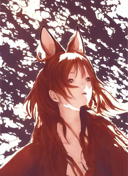 Image similar to illustration by shigenori soejima, by tatsuki fujimoto, by yoji shinakawa, girl with fox ears, long wavy orange hair, light brown trenchcoat, forest background, focus on face, pretty, moody lighting, painterly