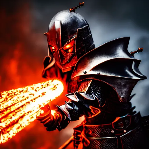 Prompt: photo of a hell knight with flaming weapons, highly detailed, 4k, HDR,