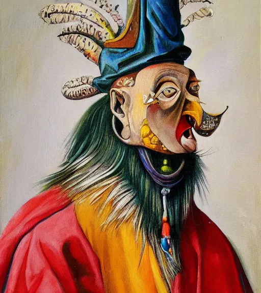 Image similar to Portrait painting in a style of Hieronim Bosch of an old shaman dressed in a colorful traditional clothes.