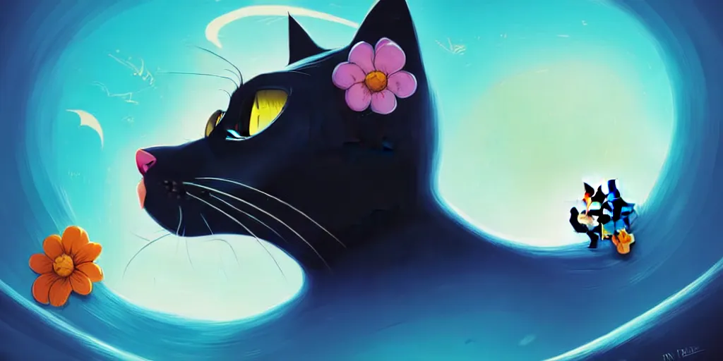 Prompt: curved perspective, extreme narrow, extreme fisheye, digital art of a big female black cat with white spot with blue flower by anton fadeev from nightmare before christmas