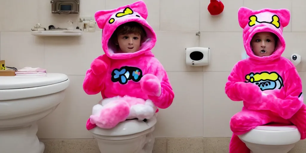 Image similar to picture of emmanuel macron dressed in a hello kitty kigurumi on a toilet, photorealistic, higly detailed, 8 k