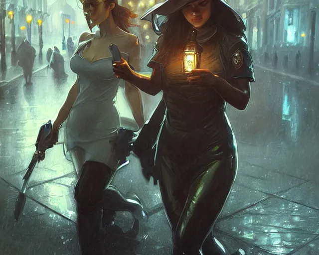 Image similar to police, night life, torch, heavy rain, drama, deep focus, d & d, fantasy, intricate, elegant, highly detailed, digital painting, artstation, concept art, matte, sharp focus, illustration, hearthstone, art by artgerm and greg rutkowski and alphonse mucha