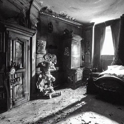 Image similar to very old black and white photo of room of a dark mansion, objects from ritual in the ground, realistic, highly detailed, background of resident evil game, guillermo del toro