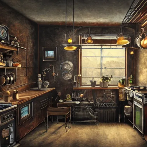 Image similar to steampunk kitchen in the warm morning light, plants, toaster, kettle, fridge, oven, sink, machines, beautifully lit, painting, high resolution, trending on artstation
