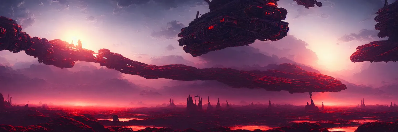 Image similar to ultra realist intricate detailed landscape painting of an alien world, red sky with mech buildings and cyborg tech, symmetry accurate features, very intricate details, bokeh focus, 8 k render, artstyle lorenz hideyoshi ruwwe, award winning