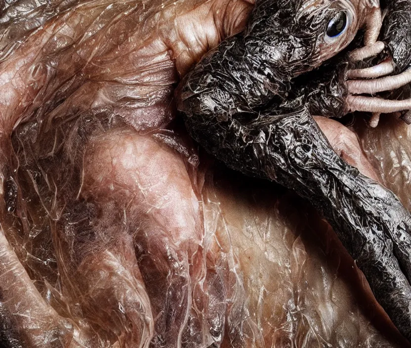 Prompt: a high resolution photo of a complex creature in the wild, grown together various animal eyes, amphibia hairless veins wrinkles morphing nature documentary, cracked plastic wrap, gills morph scales merged in fur skin, wrinkled muscles skin, veins merged feet head, displacement, black hole, distorted animal head face eyes arms tail