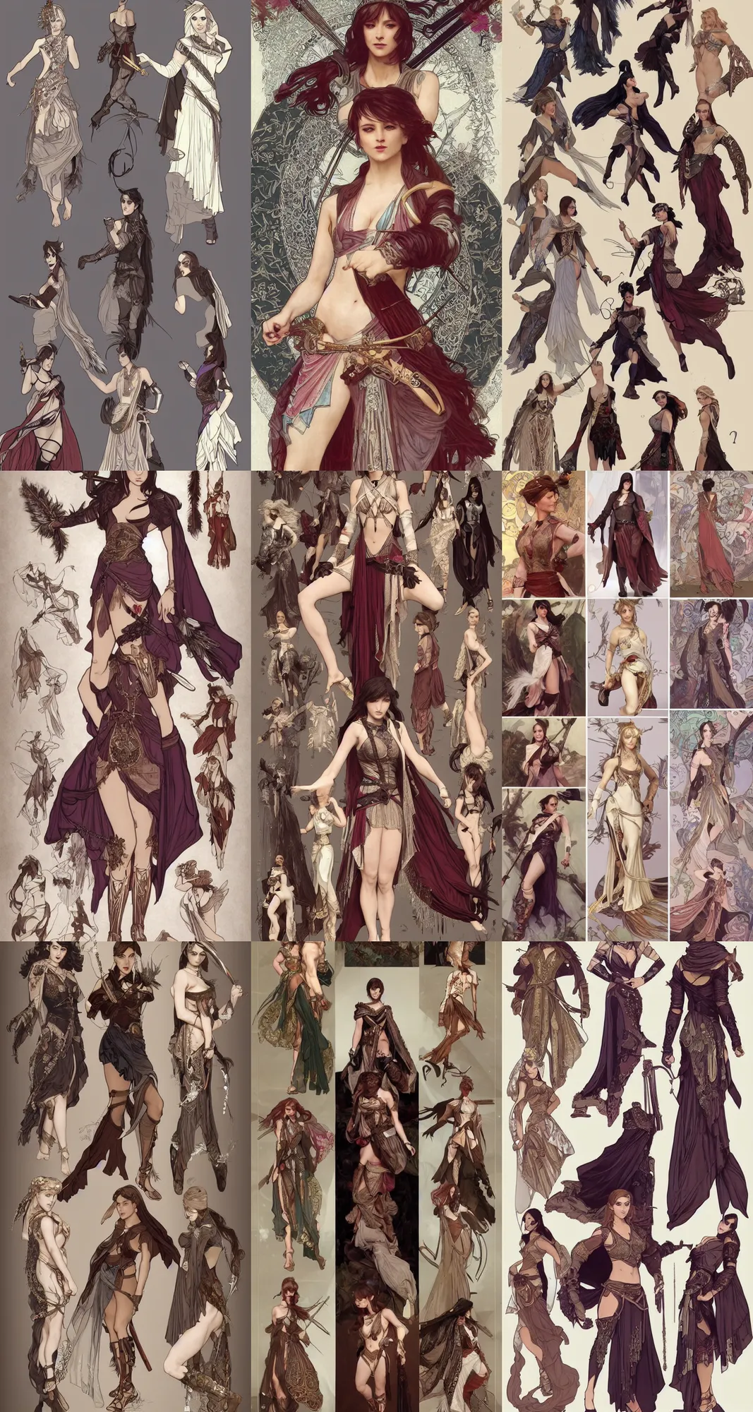 Prompt: Character concept and fashion spot illustrations from Assassin's Creed Brotherhood and Xena Warrior Princess and Westworld mashup, full-body, bloom, dynamic poses, diaphanous cloth, intricate crystalline and feather jewelry, ornate, filigree, arcane, cinematic lighting, by Alphonse Mucha, by Artgerm, by Bouguereau, by Sakimichan, fantasy, portfolio illustration, highly detailed, trending on Artstation, CGsociety, HQ, 8k, 35mm lens, f2.8, Bokeh,