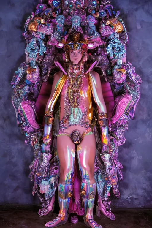 Image similar to photo of full-body rococo and cyberpunk delicate neon crystalline sculpture of ((handsome muscular onyx Aztec prince)) as an iridescent humanoid deity wearing ((peach plastic hooded cloak)) (holding an onyx skull) in a onyx aztec temple, reclining, glowing blue face, crown of (pink lasers), large blue diamonds, swirling black silk fabric. futuristic elements. oozing glowing liquid, full-length view. space robots. intricate artwork by caravaggio. Trending on artstation, octane render, cinematic lighting from the right, hyper realism, photorealistic, octane render, 8k, depth of field, 3D