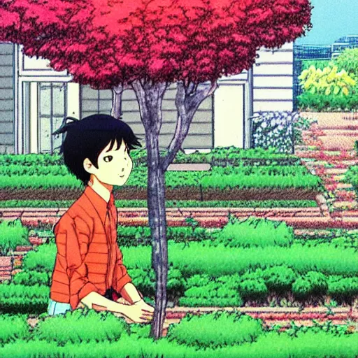 Prompt: salary man tending to his garden before going to work, directed by beat takeshi, visual novel cg, 8 0 s anime vibe, kimagure orange road, maison ikkoku, sketch by osamu tezuka, directed by makoto shinkai and beat takeshi