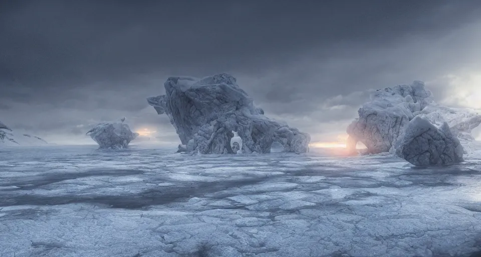 Image similar to outside in a vast, icy landscape, snow, severe weather, sunset artgerm, yoshitaka amano, 8 k, octane render, unreal engine