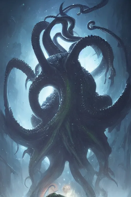 Image similar to cthulhu, eldritch god, cosmic, nightmare, outer space, aliens, digital art, magic the gathering, mtg, by greg rutkowski, trending on artstation