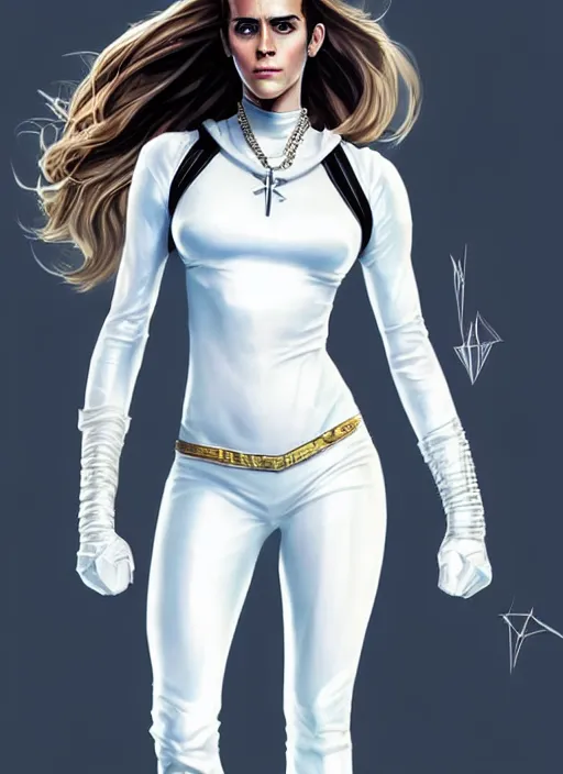 Image similar to full body portrait of marvel cinematic universe emmawatson as aaliyah haughton, x - men, emma frost, elegant, diamonds!! super hero, white outfit, diamond skin, highly detailed!! digital painting, artstation, glamor pose, concept art, sharp focus, illustration, art by artgerm and greg rutkowski, artey freytag