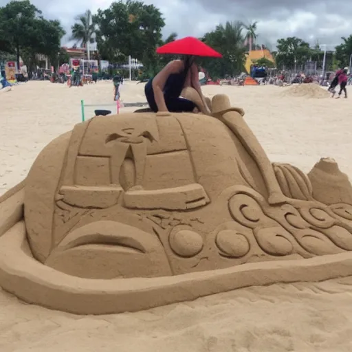 Prompt: a sand sculpture of someone building a sand sculpture