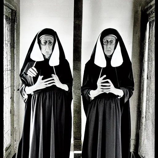 Image similar to award winning photo Floating twin nuns wearing translucent habits Very long arms, in a sanctuary, eerie, frightening —width 1024 —height 1024