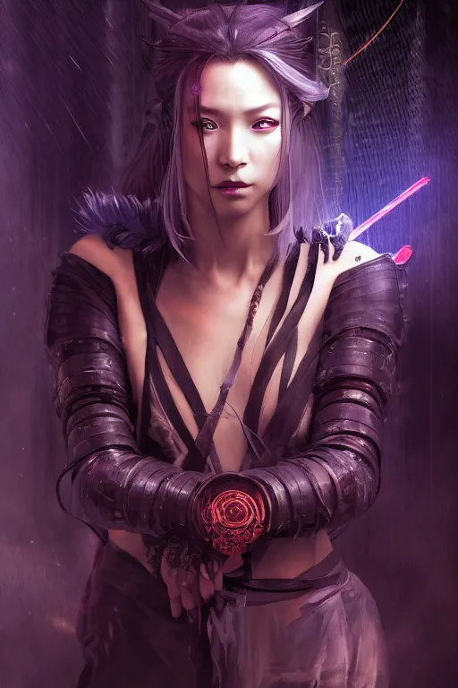 Prompt: beautiful magician and evil and stuunning and mythical female ninja portrait+shiny eyes+light flowing hair, in cyberpunk night ruin tokyo temple, ultradetail face, art and illustration by tian zi and craig mullins and WLOP and alphonse mucha, rim lght, fantasy, intricate complexity, human structure, fantasy world concept, watermark, blurry, hyperrealism 8k