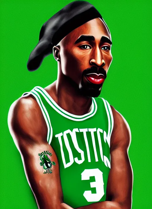 Image similar to portrait of tupac shakur, boston celtics jersey number 3 4, green, white, cartoon digital art, oil on canvas, trending on artstation, octane render