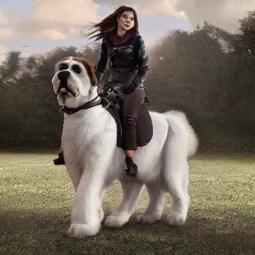 Image similar to girl riding giant saint Bernard in the park, trending on artstation