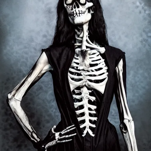 Image similar to a portrait of a scrawny teenage girl with short black hair and black irises. black and white skull facepaint. pointed face. black robes, corset of rib bones, femme-androgynous. surrounded by skeletons. holding a skull. black white and light blue color scheme, oil painting, matte painting, black background, Highly Detailed, Cinematic Lighting, Unreal Engine, 8k, HD, by Beksinski