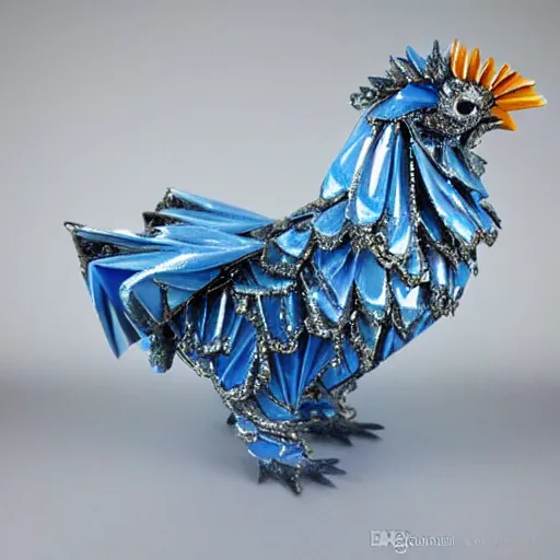 Image similar to beautiful, glorious crystallized porcelain origami chicken emperor, blue and silver colors, intricate details, realistic, reflective 3 d rtx hd